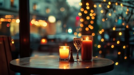 A cozy evening scene with candles on a wooden table, glow of fairy lights in the background, creating a warm and inviting atmosphere.