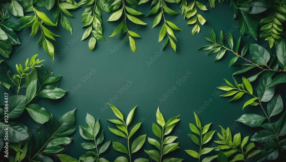 Poster lush green leaves border on dark background with space for custom text or design elements