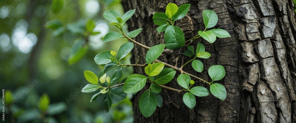Poster young green shoots and leaves on a tree trunk with soft focus background and space for text or desig