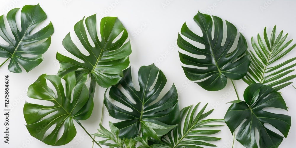 Aufkleber lush green monstera leaves arranged on white background for decorative use with ample space for text