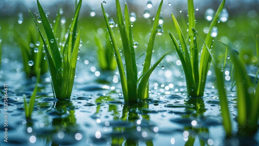 Poster fresh green grass shoots glimmering with water drops in macro focus with clear copy space for text a