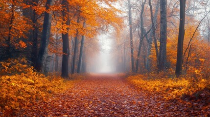 Fototapeta premium A serene autumn forest scene, featuring vibrant orange and yellow leaves blanketing a misty path, inviting tranquility and reflection.