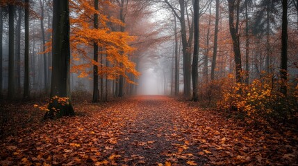 Fototapeta premium A serene autumn pathway framed by tall trees, their leaves in warm orange hues, leading into a misty, enchanting forest.