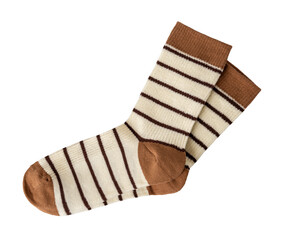 Pair of beige brown striped socks isolated on a white background. New  clean women's striped socks close-up. Modern hosiery casual wear concept.