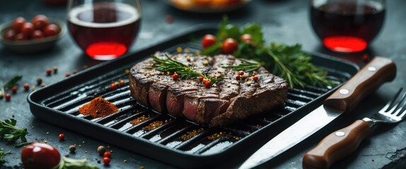 Grilled Beef Steak on Skillet Garnished with Herbs and Spices Accompanied by Red Wine Glasses and Empty Space for Text