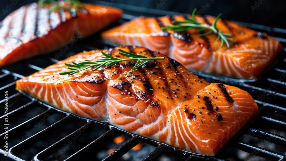 Aufkleber grilled salmon fillet on barbecue with fresh herbs and empty space for text and branding in a culina