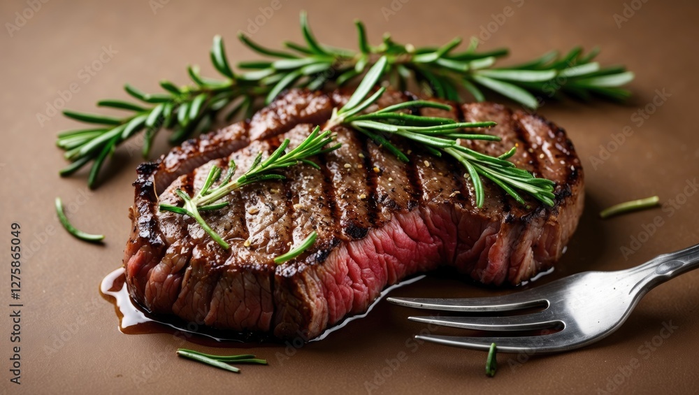 Aufkleber grilled ribeye beef steak garnished with fresh rosemary on brown background with empty space for tex