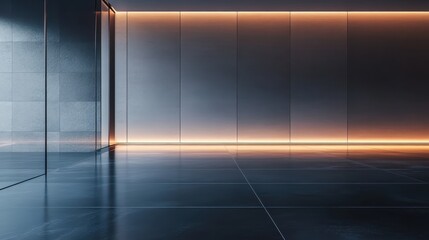 A sleek modern interior featuring polished concrete floors and illuminated walls, creating a futuristic ambiance.