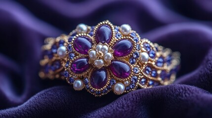 Obraz premium Amethyst floral bracelet, purple velvet, jewelry, close-up