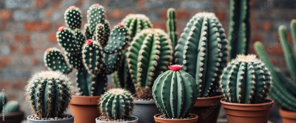 Poster diverse collection of cacti in pots against a rustic background with space for text or graphics