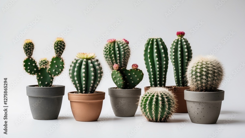 Poster collection of diverse cacti in terracotta and gray pots arranged on a white background with space fo