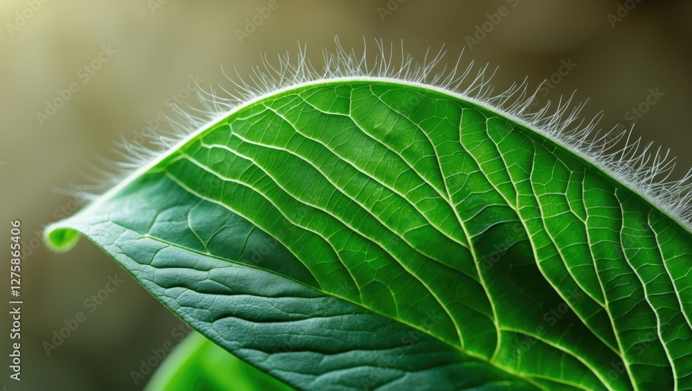Poster close-up of a textured green leaf highlighting fine hairs with soft lighting and ample negative spac