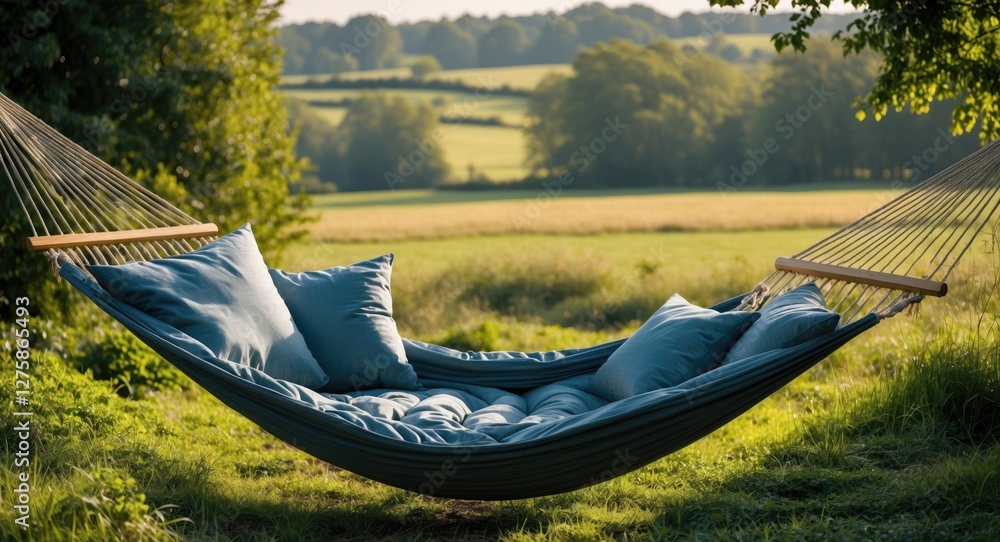 Poster cozy hammock with pillows in a serene countryside setting and open space for relaxing text or promot