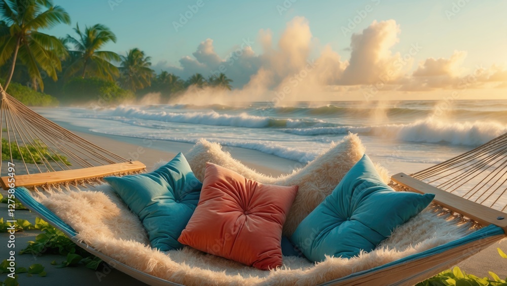 Poster tranquil hammock setup on tropical beach at dawn with soft waves and lush palm trees creating a sere
