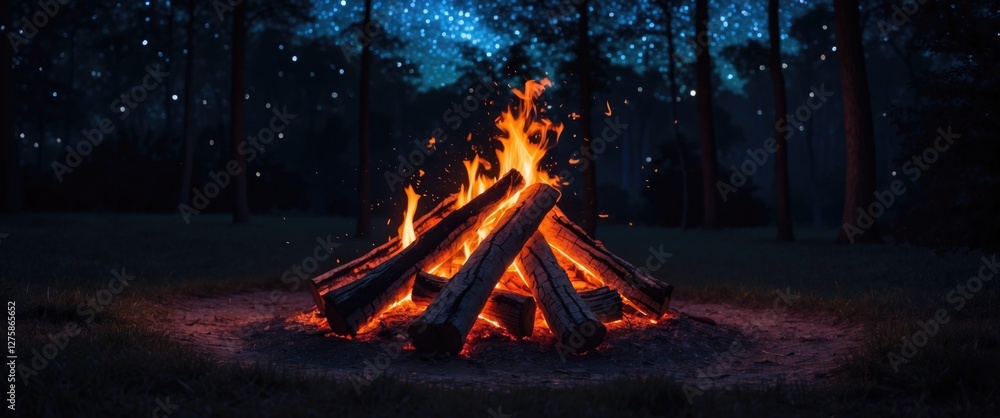 Poster cozy bonfire in a tranquil forest under a starry sky with warm flames creating an inviting atmospher