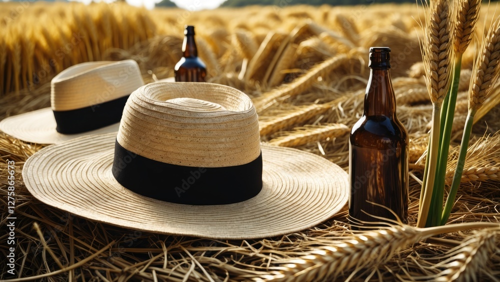 Poster summer relaxation scene with straw hats and bottles among wheat ears in field empty space for text u