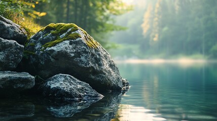 Fototapeta premium Mossy rocks by calm lake, sunrise forest background, nature serenity