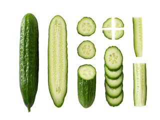 Set of raw green cucumbers whole, cut lengthwise, half and slices variety isolated on a white background. Organic vegetables, vegetarian food, low calories snack concept.