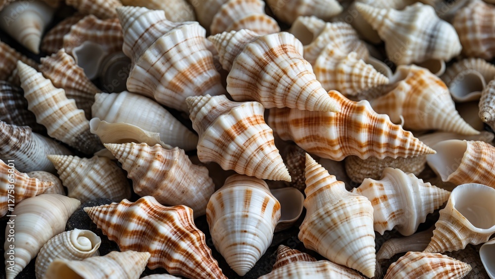 Poster close-up of a variety of beautiful conch seashells displayed together showcasing intricate patterns 