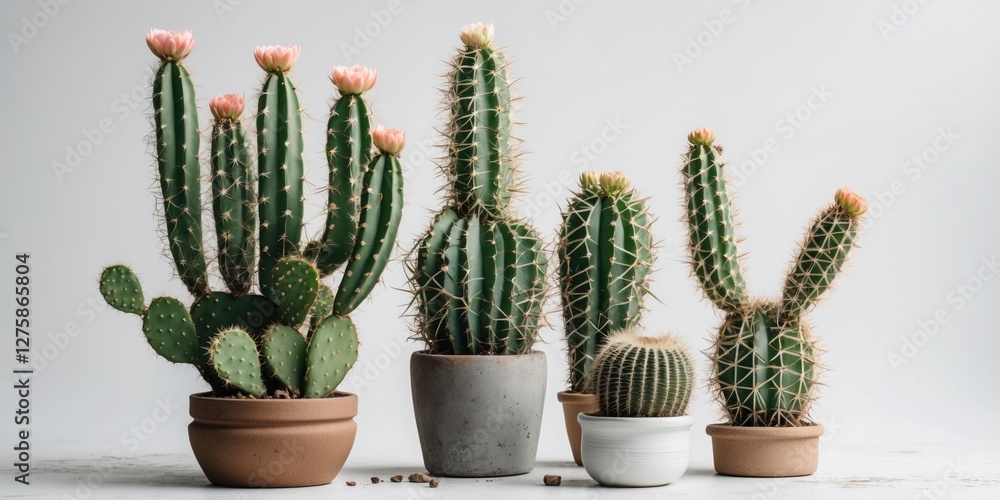 Poster hedge cactus group displayed in decorative pots on neutral background with copy space for text and d