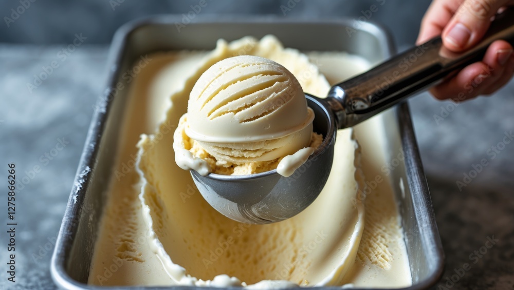 Poster Homemade Organic Vanilla Ice Cream Scoop Served from Container with Frosty Texture and Empty Space for Creative Text Overlay