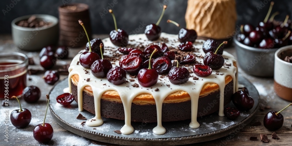 Poster delicious chocolate cherry cake with white icing and fresh cherries on rustic table featuring empty 