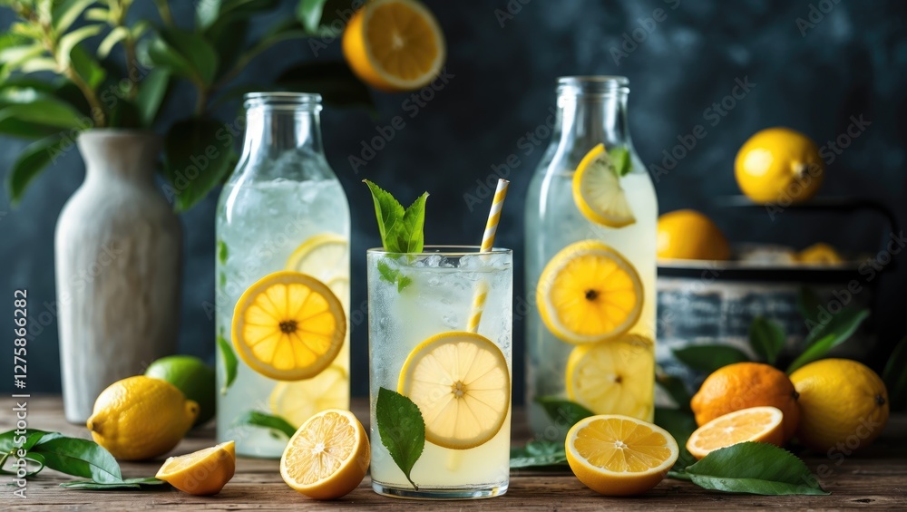 Poster refreshing homemade lemonade with fresh citrus fruits surrounded by greenery and empty space for cus