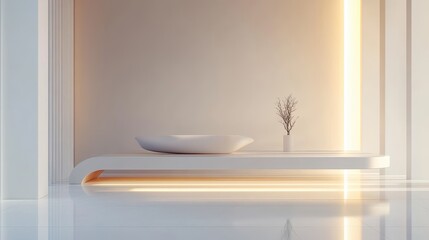 Fototapeta premium A serene and minimalist bathroom with soft lighting highlighting a modern white basin and a decorative plant in a sleek vase.
