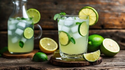 Fototapeta premium Refreshing Homemade Lemonade With Fresh Lime Slices In Glass And Pitcher On Rustic Wooden Background