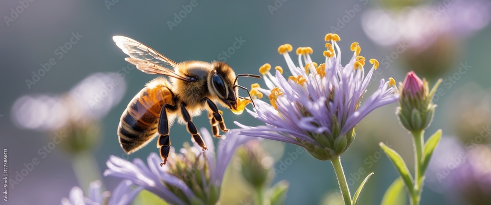 Poster honey bee collecting nectar from vibrant flower in soft focus nature background with space for text 