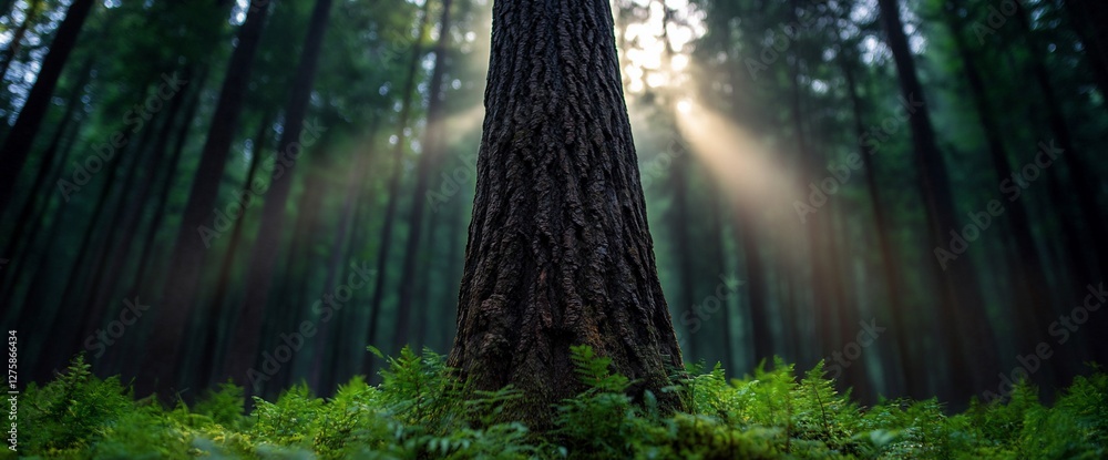Poster enchanting forest scene with sunlight filtering through tall trees