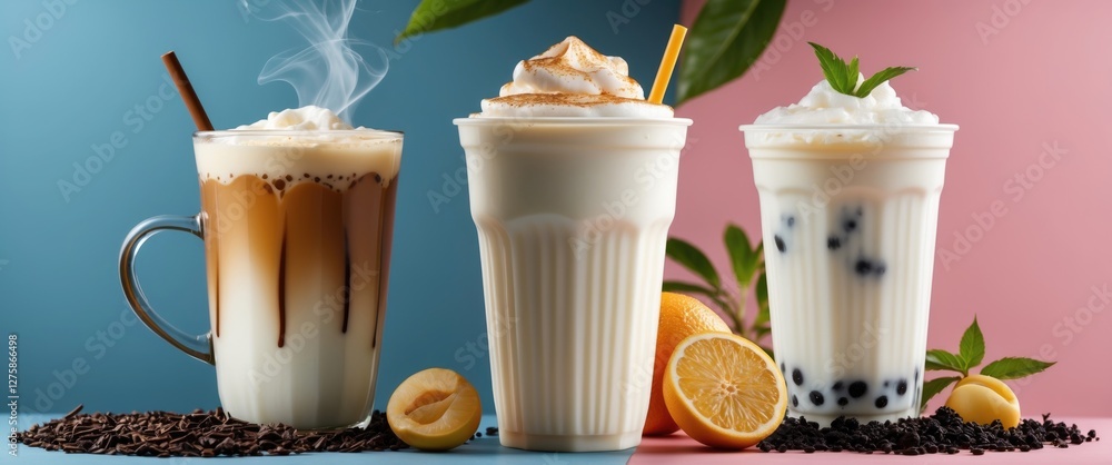 Poster Assorted Milk Tea Drinks with Ice on Colorful Background and Empty Space for Text
