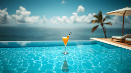 Obraz premium A luxury infinity pool overlooking the ocean, with a cocktail placed on the pool's edge. The water reflects the sky, giving off a peaceful and exclusive summer vacation vibe. 