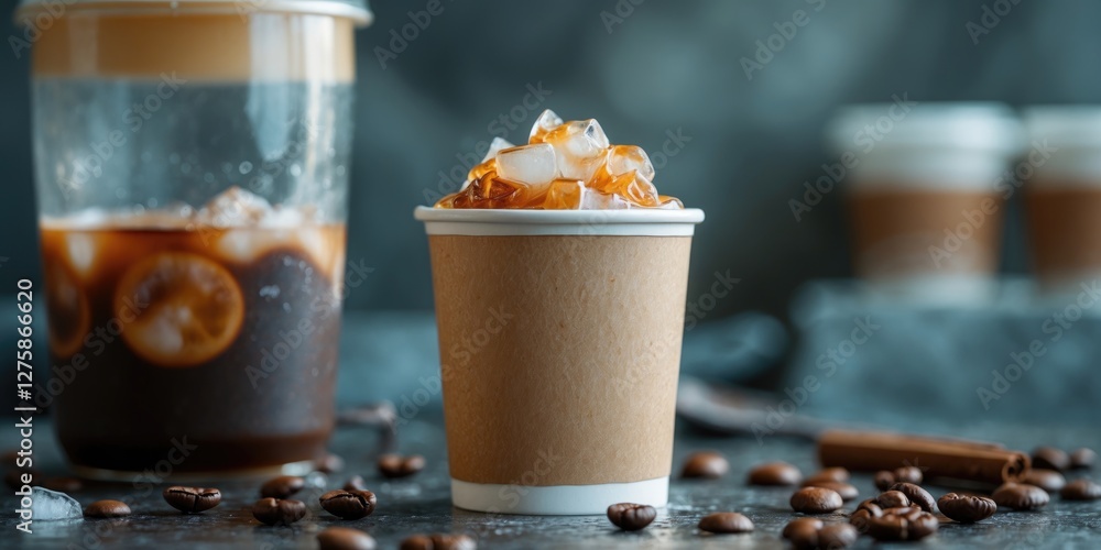 Poster iced coffee in a paper cup with ice cubes showcasing a stylish presentation and ample space for text