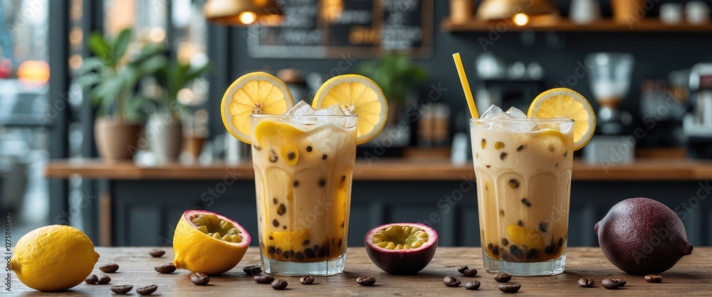 Aufkleber refreshing iced coffee with lemon and passion fruit on rustic table in cafe setting ideal for summer