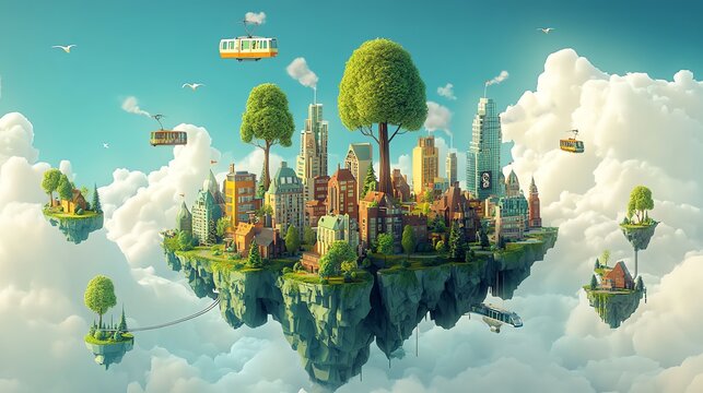 Fantasy Floating Cityscape with Cable Cars and Lush Greenery in Sky