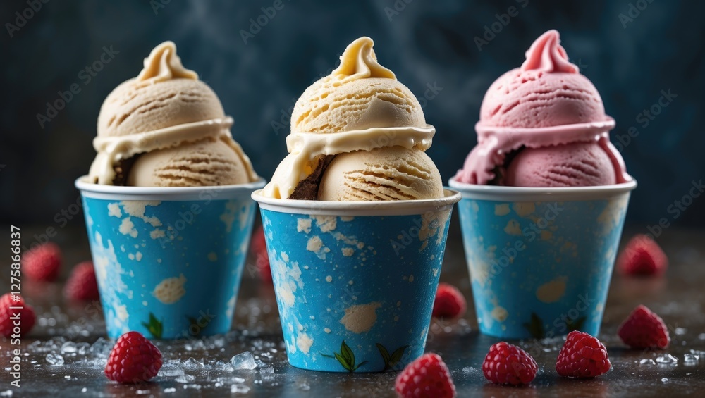 Poster colorful ice cream cups with raspberry garnishes and space for text on a rustic wooden surface
