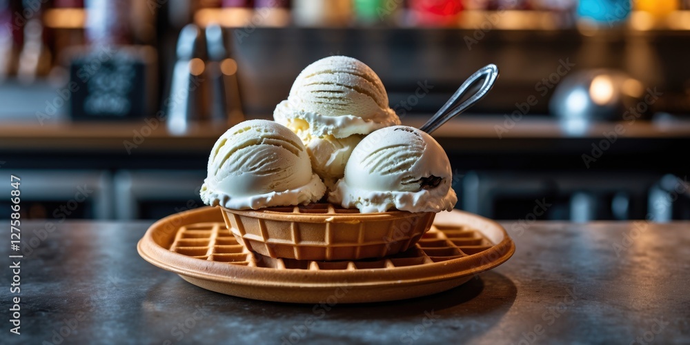 Poster delicious ice cream scoops served in a waffle cone on a bar counter with space for custom text or br