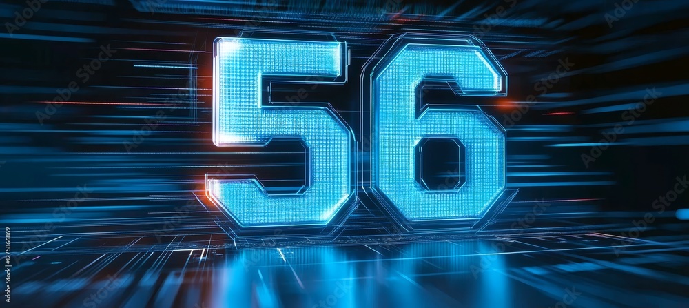 Aufkleber glowing digital number 56 in futuristic style on digital abstract background, 3d rendering