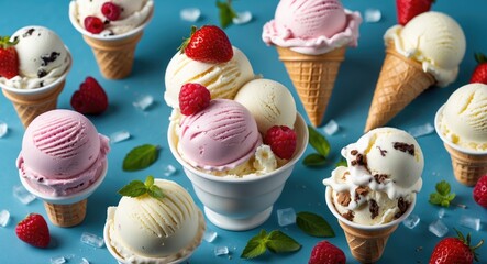 Assorted Ice Cream Cones and Cups with Fresh Berries on Blue Background Empty Space for Text and Promotions