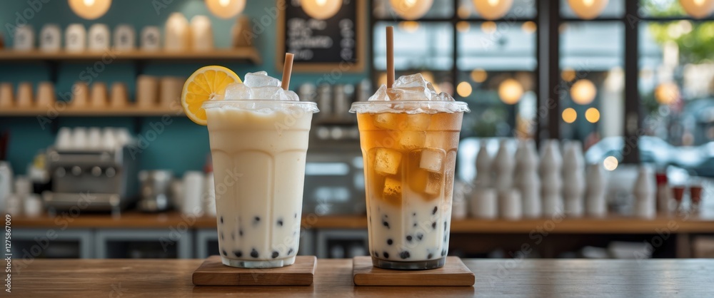 Poster refreshing ice tea and milk tea in cafe setting with empty space for text and warm ambiance