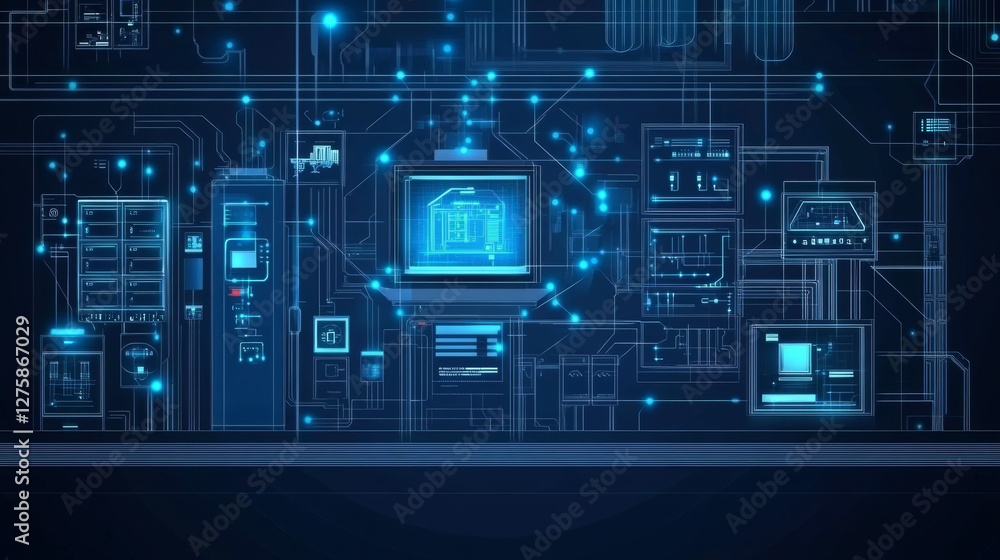 Poster business management system isometric landing page, computer-based control installed in buildings tha