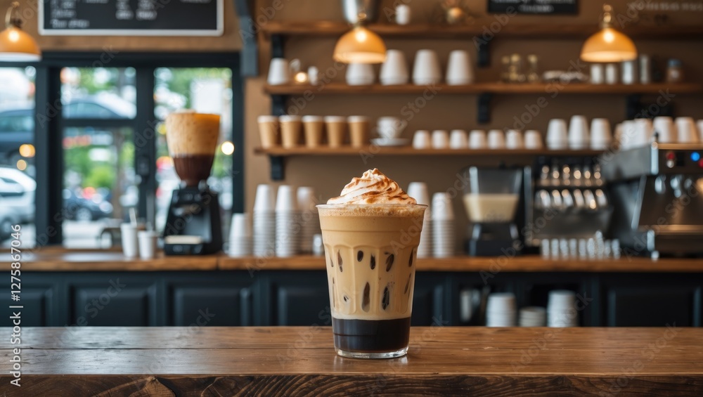 Poster iced black coffee with whipped cream in a coffee shop setting showcasing cozy atmosphere and empty s