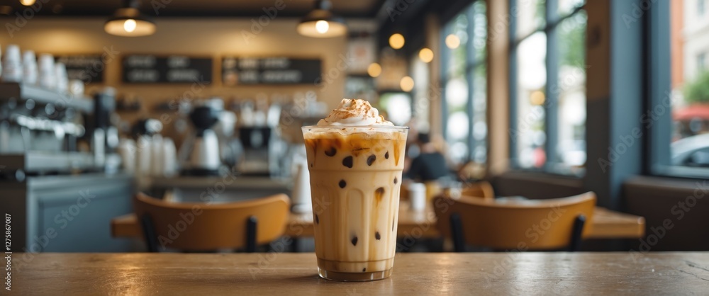 Poster iced coffee with whipped cream in a cafe setting showcasing empty space for text on a wooden table w