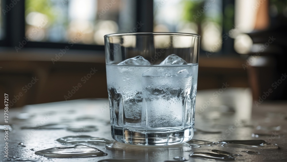 Poster refreshing iced water glass on a table with droplets showcasing condensation and empty space for tex