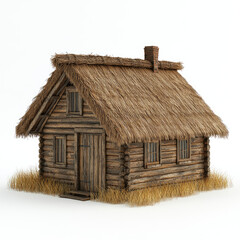wooden cabin with a thatched roof, surrounded by tall grass on a white background