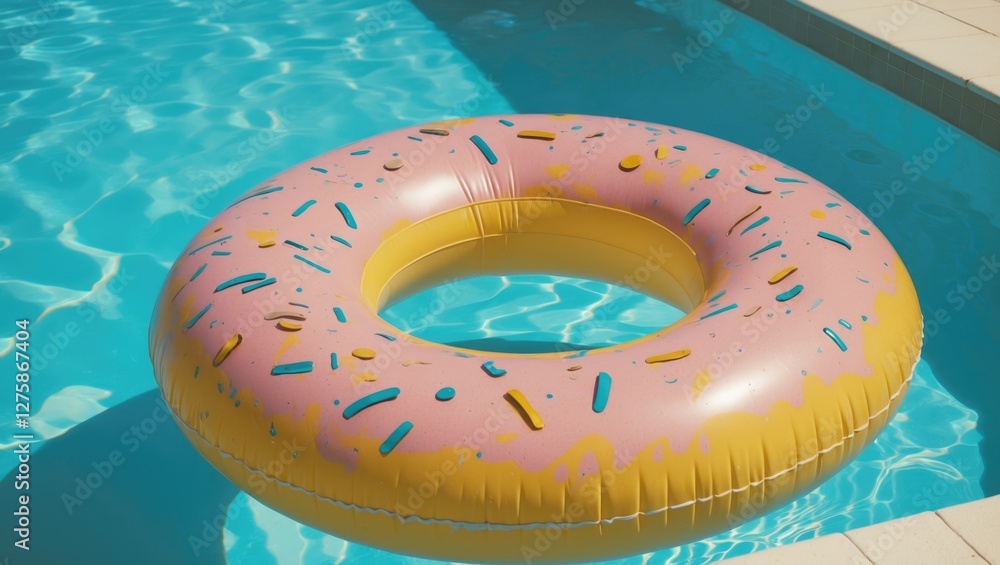 Poster colorful inflatable donut pool float in clear blue water with space for text or branding