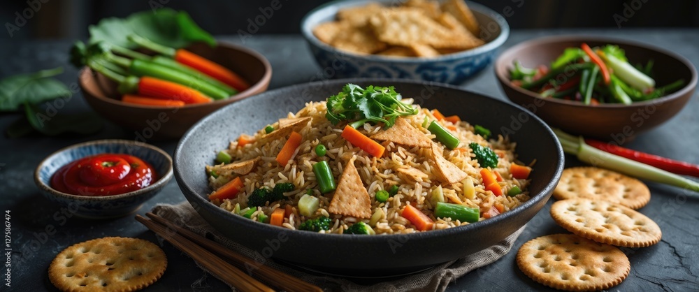 Poster indonesian fried rice served with colorful vegetables and crackers on a rustic table with space for 