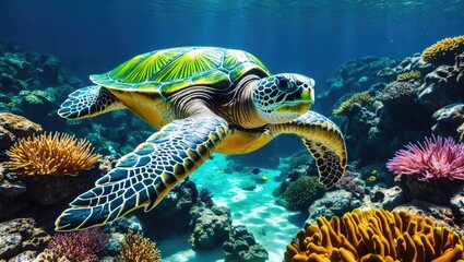 Fototapeta premium Graceful Green Sea Turtle Gliding Through Vibrant Coral Reef Under Clear Blue Waters Highlighting Marine Biodiversity and Scuba Diving Adventure