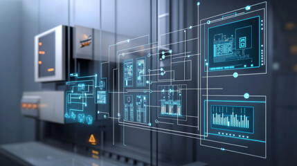 Fototapeta premium Business management system isometric landing page, computer-based control installed in buildings that managing and mechanical and electrical equipment, home automation, 3d vector line art web banner